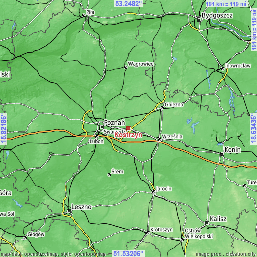 Topographic map of Kostrzyn