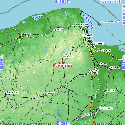 Topographic map of Kościerzyna