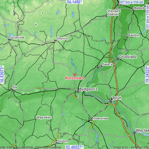 Topographic map of Koronowo