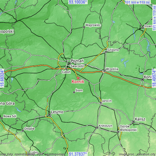 Topographic map of Kórnik