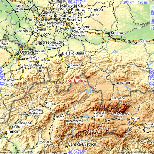 Topographic map of Korbielów