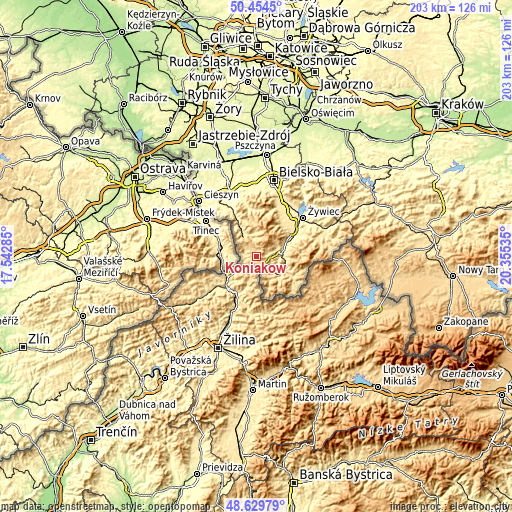 Topographic map of Koniaków