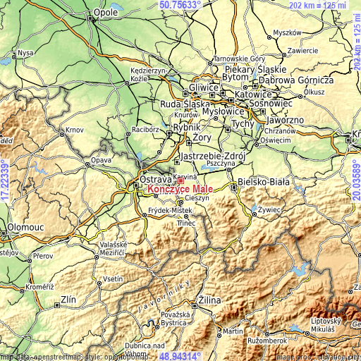 Topographic map of Kończyce Małe