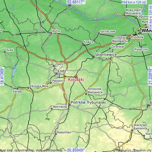 Topographic map of Koluszki