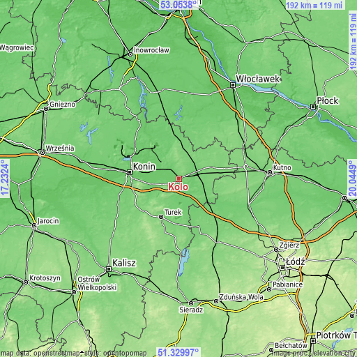 Topographic map of Koło