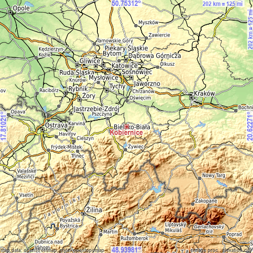 Topographic map of Kobiernice