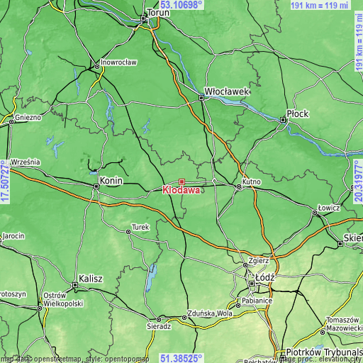 Topographic map of Kłodawa