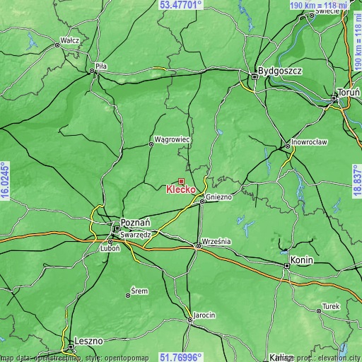 Topographic map of Kłecko