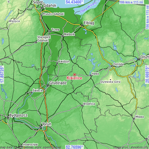 Topographic map of Kisielice