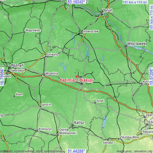 Topographic map of Kazimierz Biskupi