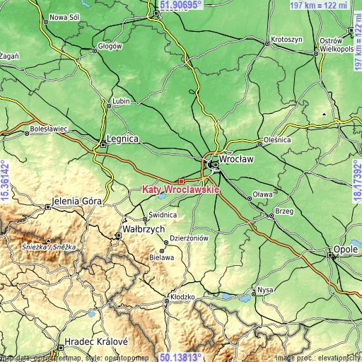 Topographic map of Kąty Wrocławskie