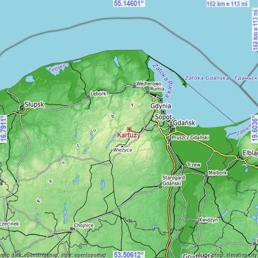 Topographic map of Kartuzy