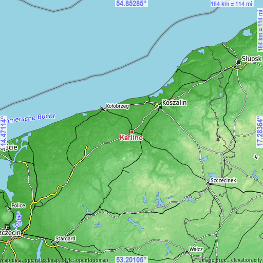 Topographic map of Karlino