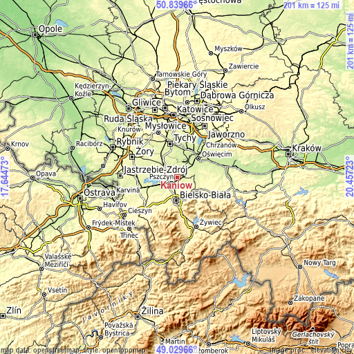 Topographic map of Kaniów