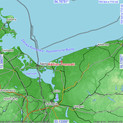 Topographic map of Kamień Pomorski