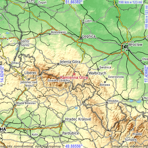 Topographic map of Kamienna Góra