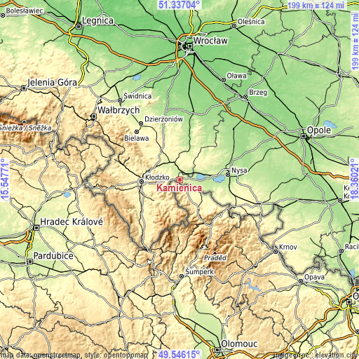 Topographic map of Kamienica