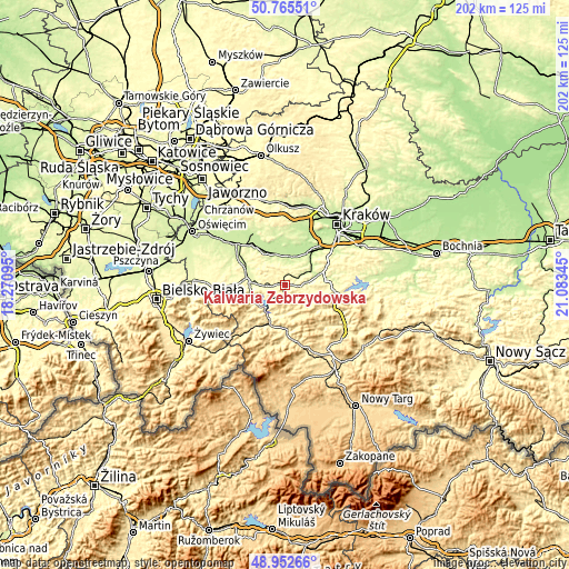 Topographic map of Kalwaria Zebrzydowska