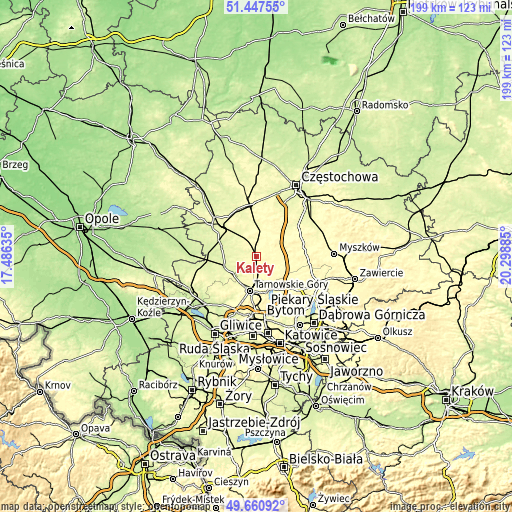 Topographic map of Kalety