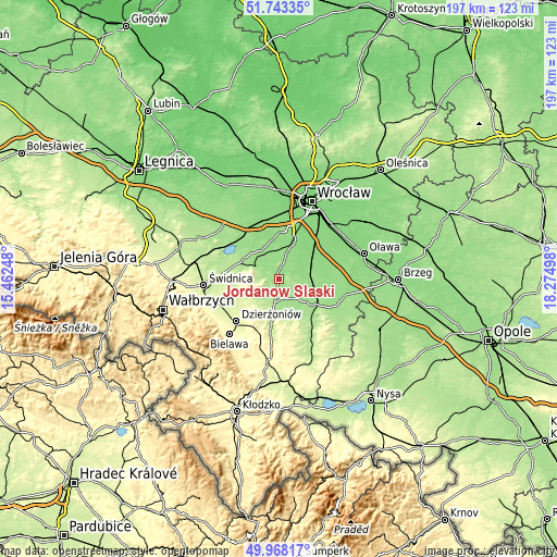 Topographic map of Jordanów Śląski