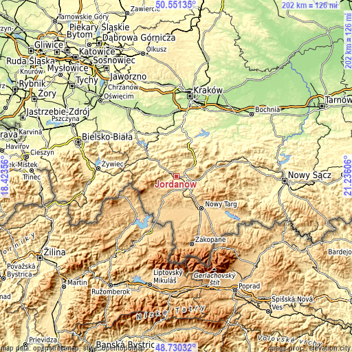 Topographic map of Jordanów