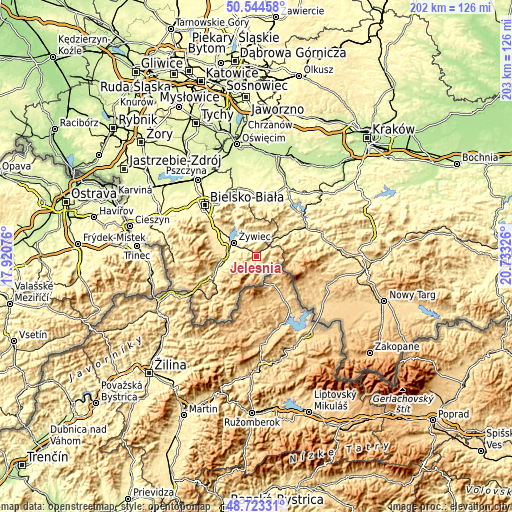 Topographic map of Jeleśnia