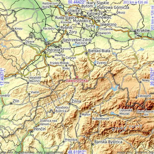 Topographic map of Jaworzynka