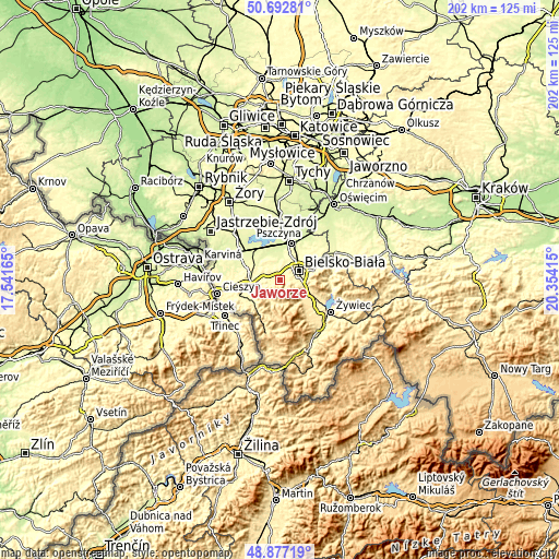 Topographic map of Jaworze