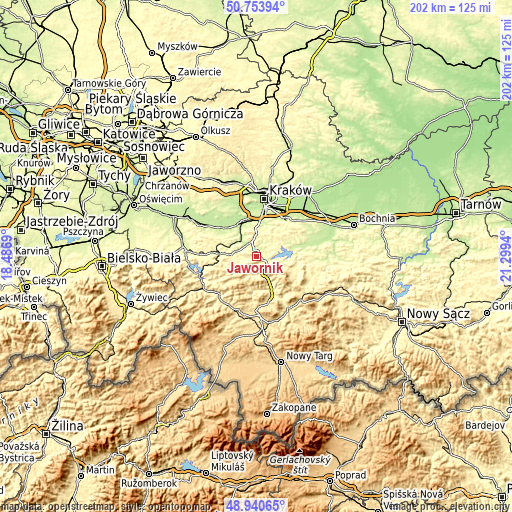 Topographic map of Jawornik