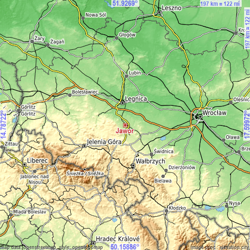 Topographic map of Jawor