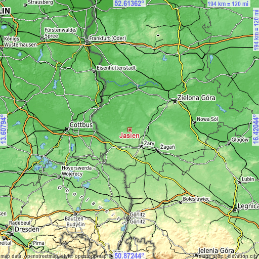 Topographic map of Jasień