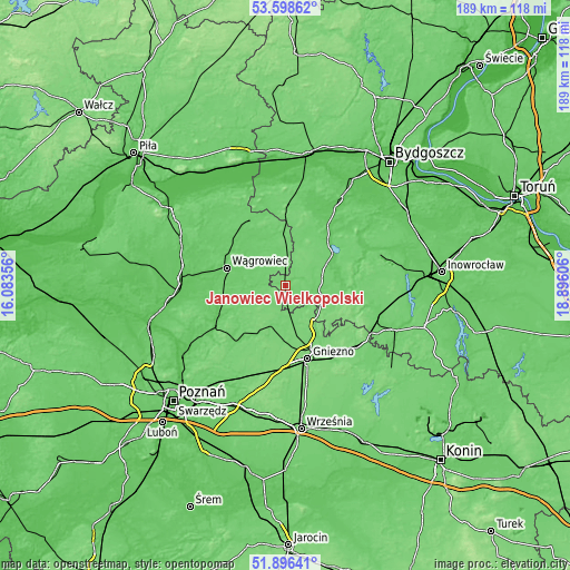 Topographic map of Janowiec Wielkopolski