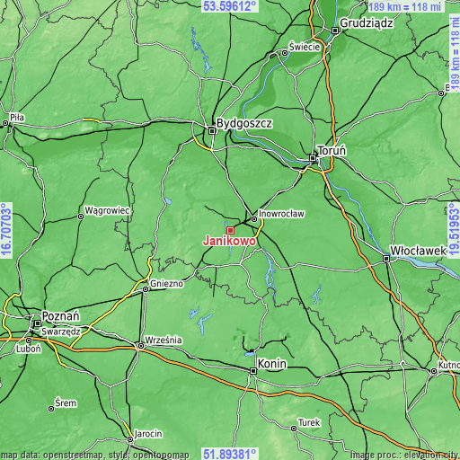 Topographic map of Janikowo