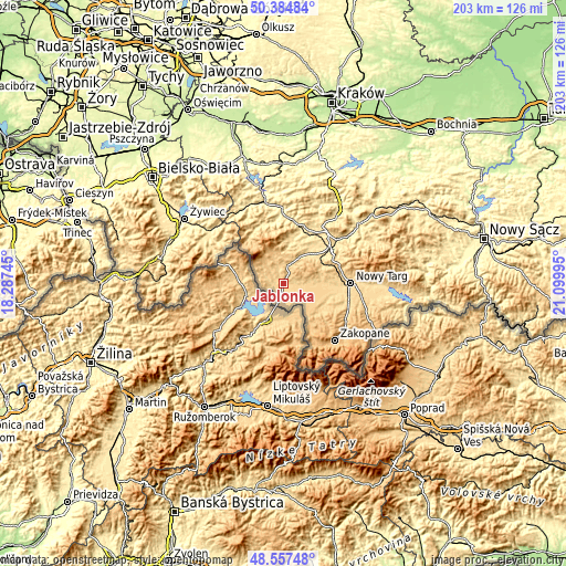 Topographic map of Jabłonka