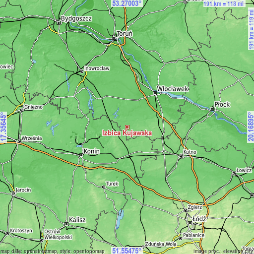 Topographic map of Izbica Kujawska