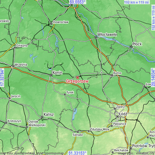 Topographic map of Grzegorzew