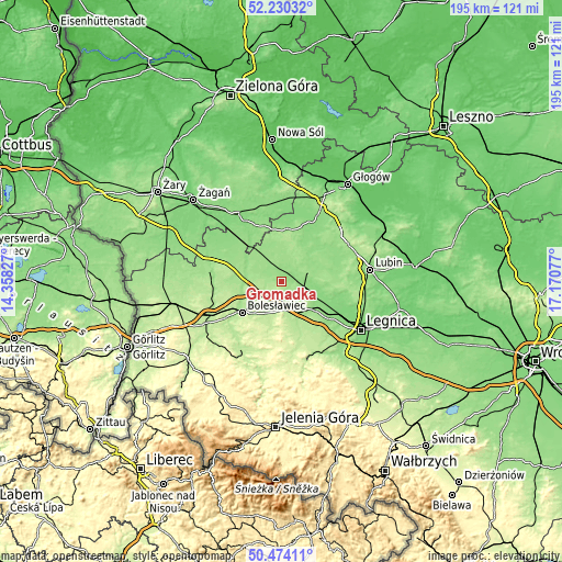 Topographic map of Gromadka