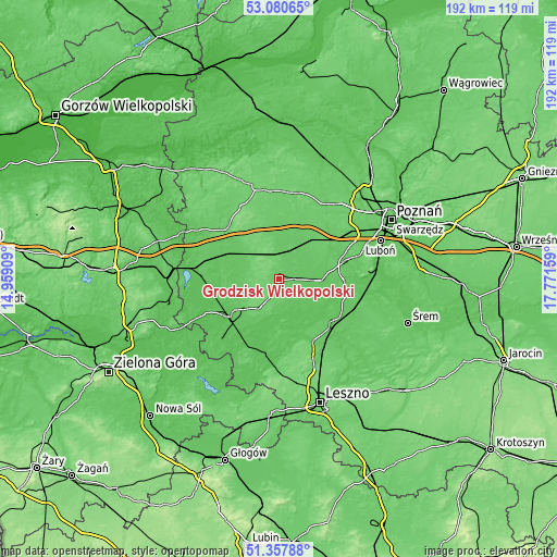 Topographic map of Grodzisk Wielkopolski