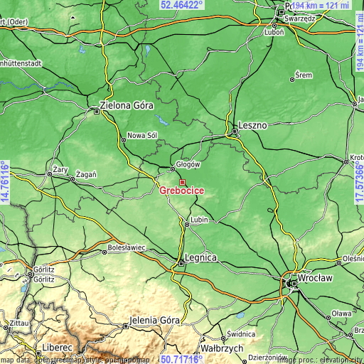 Topographic map of Grębocice