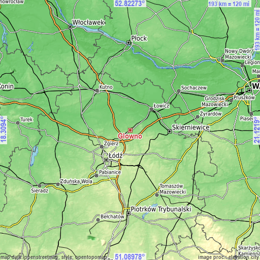 Topographic map of Głowno