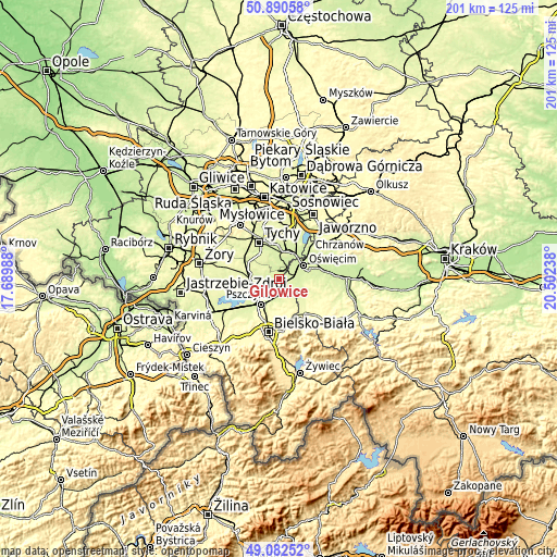 Topographic map of Gilowice