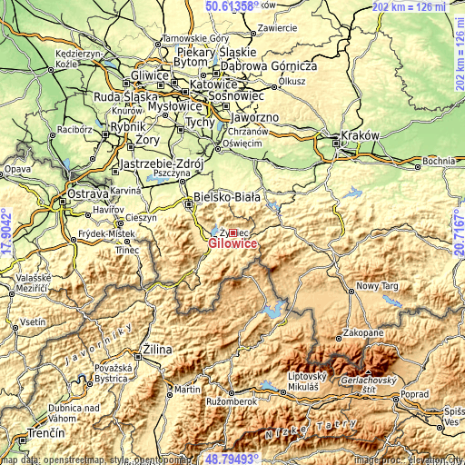 Topographic map of Gilowice