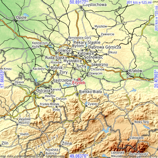 Topographic map of Frydek