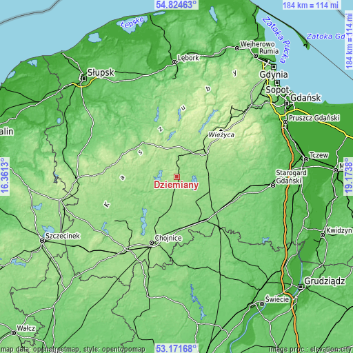 Topographic map of Dziemiany