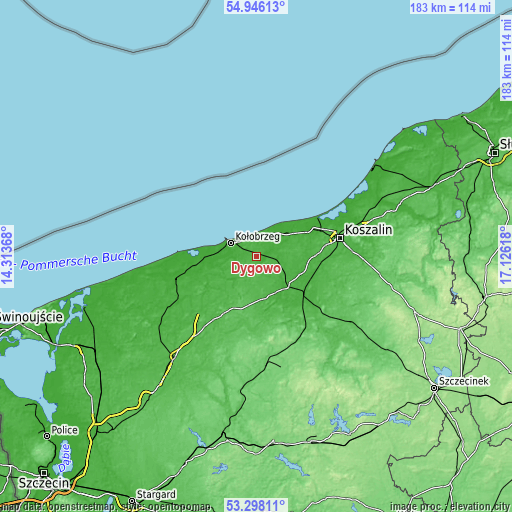 Topographic map of Dygowo