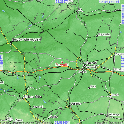 Topographic map of Duszniki