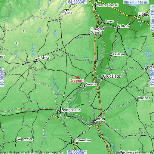 Topographic map of Drzycim