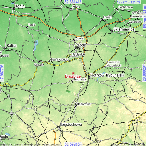 Topographic map of Drużbice