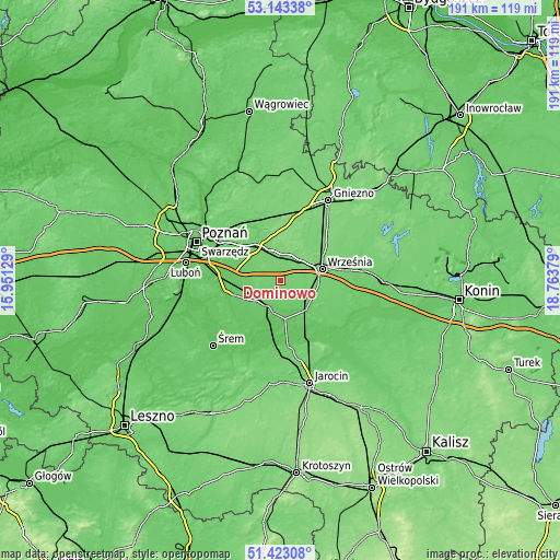 Topographic map of Dominowo