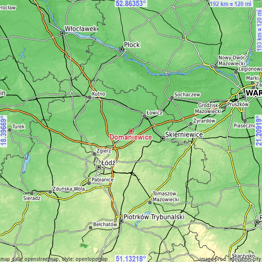 Topographic map of Domaniewice